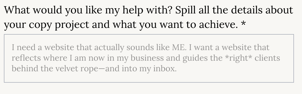 Oleander Copy Studio's contact form question asking a lead to spill all the details about their copy project and what they want to achieve.