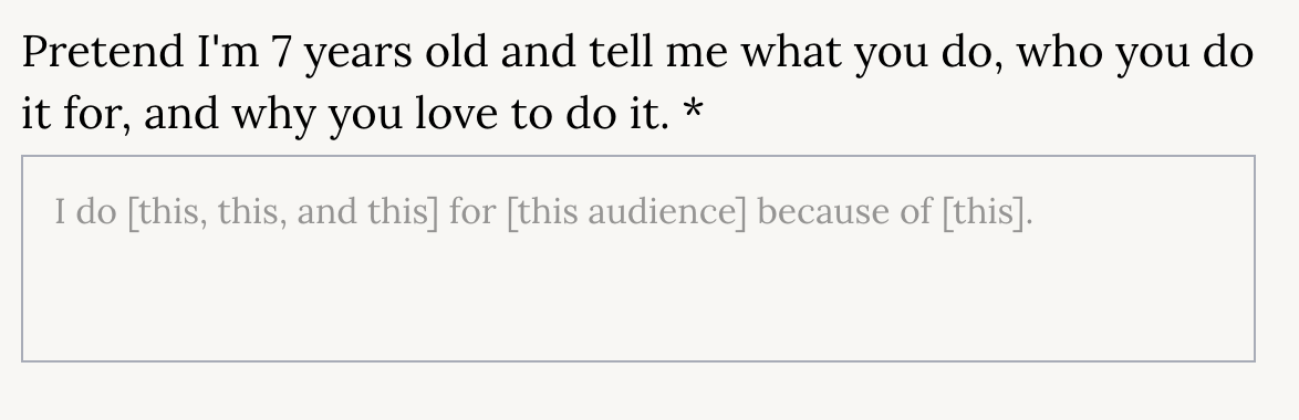 Oleander Copy Studio's contact form question asking lead to simply explain what they do, who they do it for, and why.