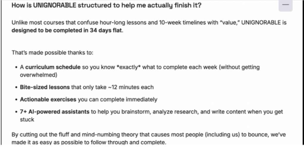FAQ section snippet from the UNIGNORABLE sales page