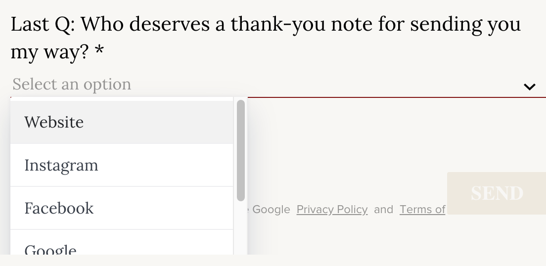 Oleander Copy Studio's inquiry form question asking leads to say who referred them