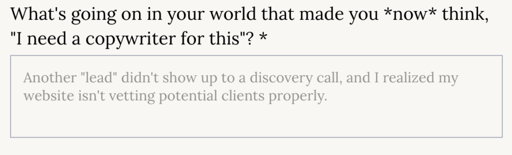 Oleander Copy Studio's inquiry form question that asks leads to list the buying trigger that led them to her