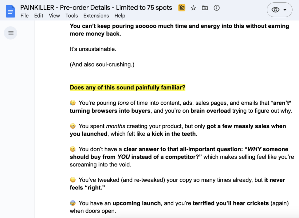 Pre-sale sales letter snippet from the PAINKILLER launch