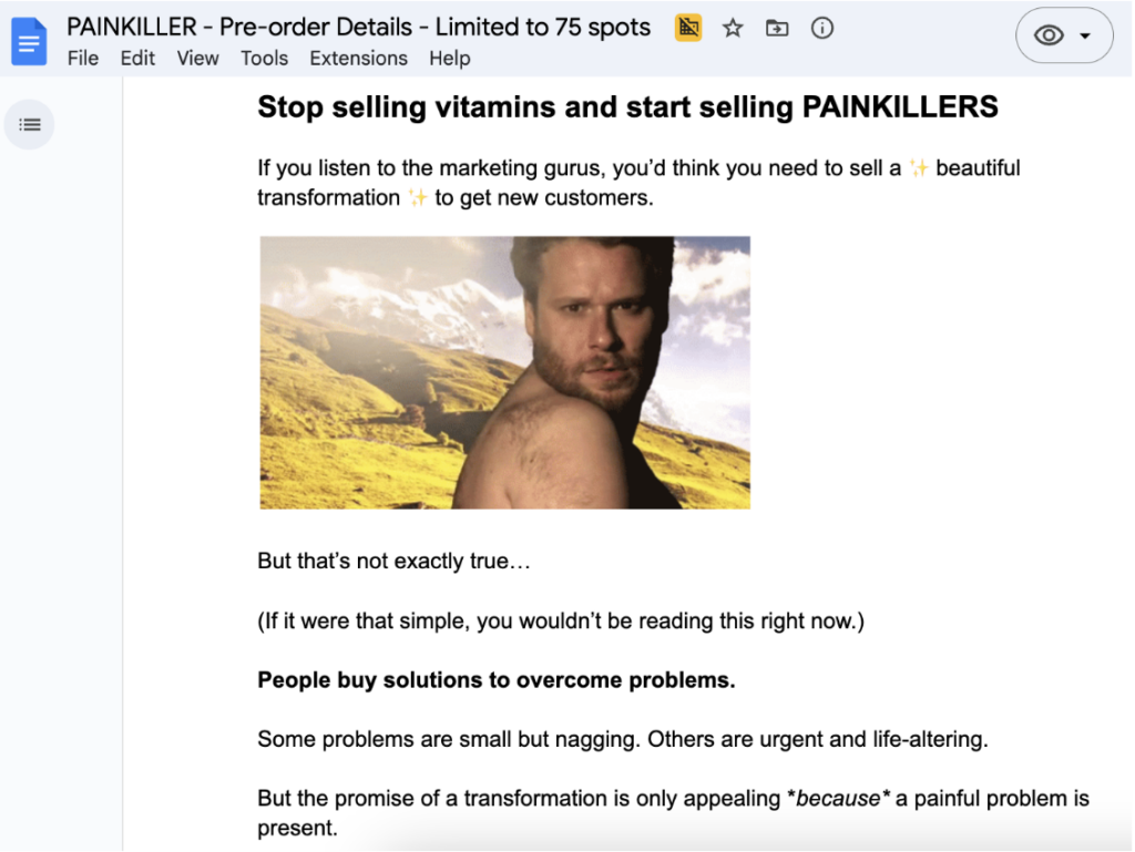 Another pre-sale sales letter snippet from the PAINKILLER launch