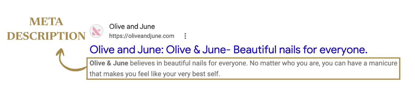 Screenshot example of meta description from Olive & June