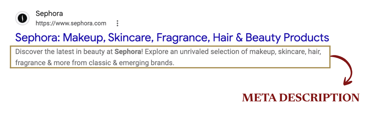 Screenshot example of meta description from Sephora