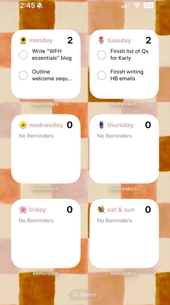 Screenshot example of Jordyn Rinehart's phone to demonstrate the to-do list, categorized as one of the work from home essentials