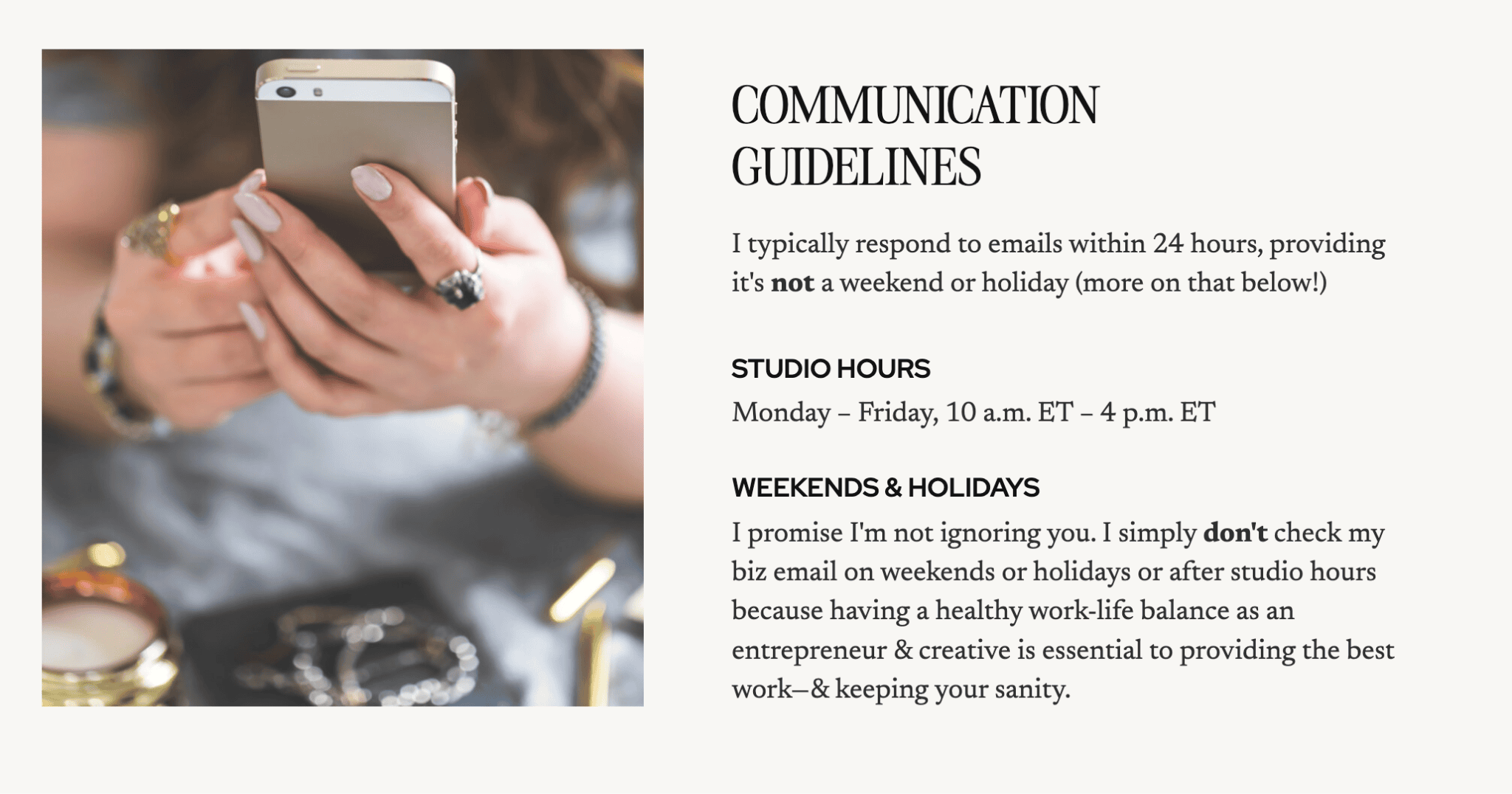 Screenshot example of Oleander Copy Studio's 'communication guidelines' on their client welcome guide